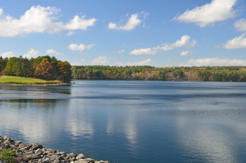 A serene lake surrounded by trees with autumn colors under a blue sky and fluffy clouds.