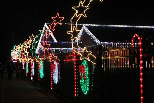 Colorful holiday lights decorate a fence, featuring stars and circular designs, creating a festive nighttime scene.