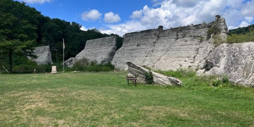 Ruins of a stone structure on a grassy field, surrounded by trees and under a partly cloudy sky.