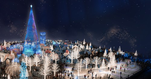 A festive winter scene with a large illuminated tree, snowy landscape, and people skating under a starry night sky.