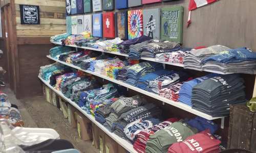 A display of neatly stacked t-shirts in various colors and designs on shelves in a retail store.