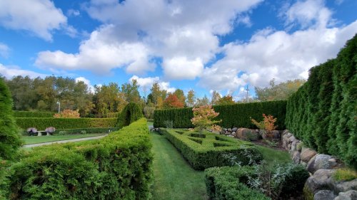 Lush green garden with neatly trimmed hedges, colorful trees, and a blue sky dotted with clouds.