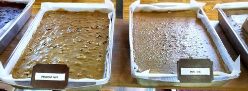 Two trays of fudge: one labeled "Peanut Nut" and the other "Pine Nut," both with a smooth, glossy surface.