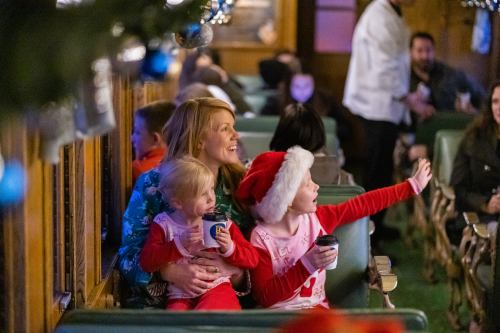 A woman holds two children, one in a Santa hat, as they enjoy a festive train ride with other passengers in the background.