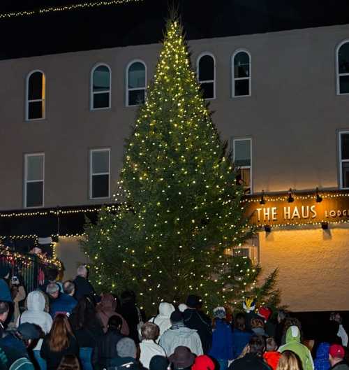 A large, illuminated Christmas tree stands in front of a building, surrounded by a crowd of people enjoying the festive atmosphere.