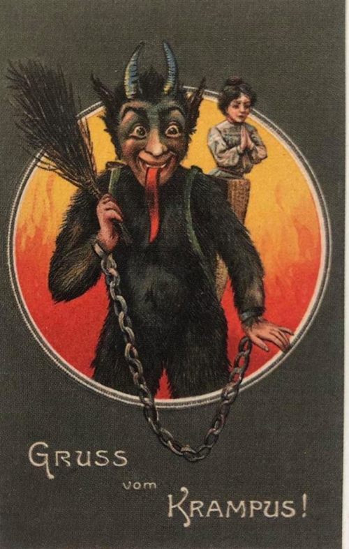 A whimsical vintage illustration of Krampus, a horned figure holding a broom, with a girl in the background.