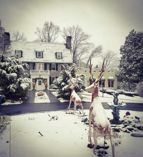 A snowy scene featuring a large house with festive decorations and two reindeer sculptures in the foreground.