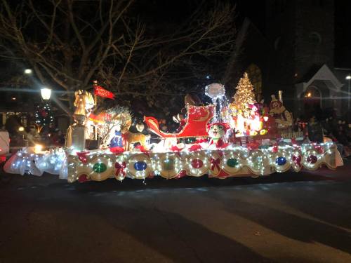 A festive parade float decorated with lights, a sleigh, and holiday figures, surrounded by trees and a cheering crowd.
