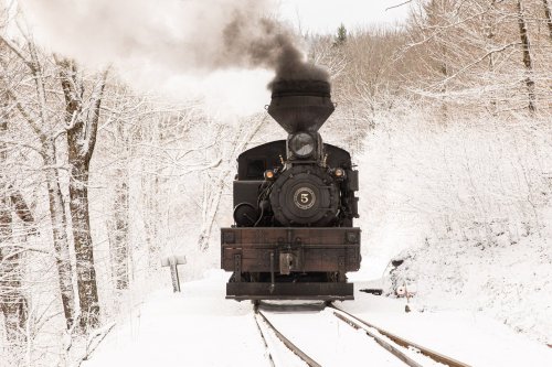 A vintage steam train chugs through a snowy landscape, surrounded by frosted trees and a serene winter scene.