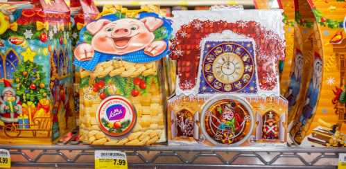 Colorful holiday-themed packaging featuring a pig and a clock, displayed on a store shelf.