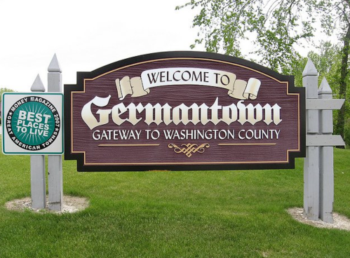 Welcome sign for Germantown, highlighting it as a gateway to Washington County and a top place to live.