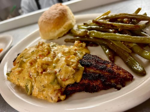 A plate of blackened fish topped with creamy sauce, served with green beans and a biscuit.