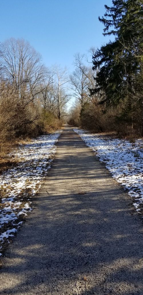 A clear path stretches through a winter landscape, flanked by bare trees and patches of snow on the ground.