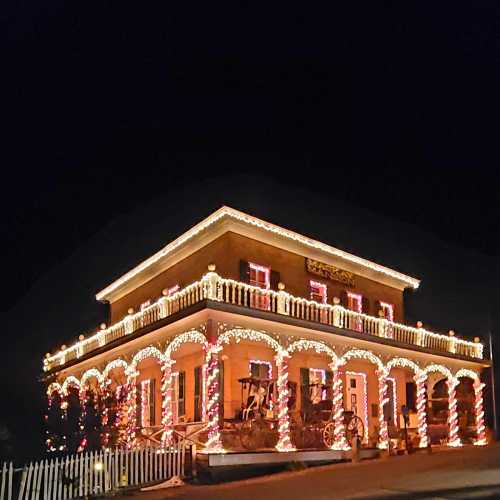 A beautifully decorated house with colorful lights and festive ornaments, set against a dark evening sky.