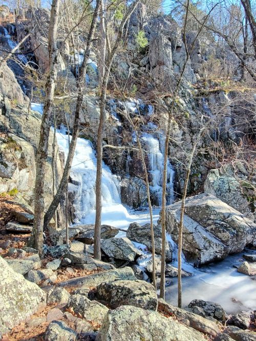 A serene waterfall cascades over rocky terrain, surrounded by trees and a clear blue sky.