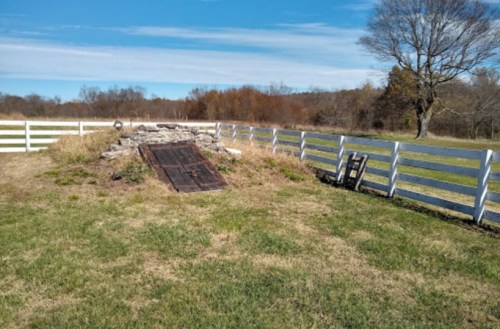 A grassy area with a stone structure, wooden ramp, and white fence under a clear blue sky. Trees in the background.