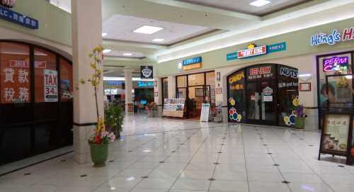 A shopping mall corridor with various stores, including a candy shop and a tax service, featuring decorative plants.