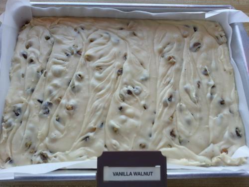 A tray of vanilla walnut fudge with a smooth, swirled surface and pieces of walnuts visible throughout.