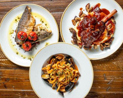 Three gourmet dishes: grilled fish with tomatoes, braised meat with sauce, and seafood pasta with herbs, on white plates.