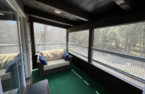 A cozy screened porch with a sofa and green carpet, surrounded by trees and natural light.