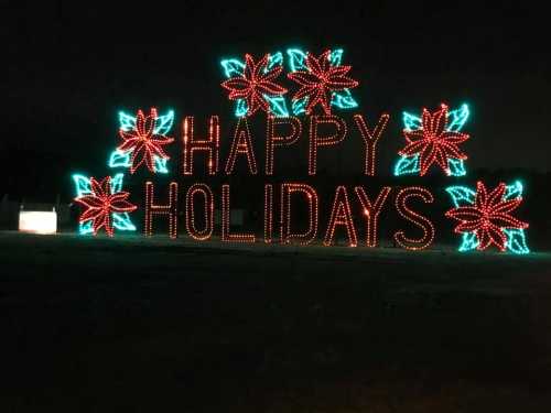 Colorful holiday lights display with the words "HAPPY HOLIDAYS" surrounded by red and green flowers at night.