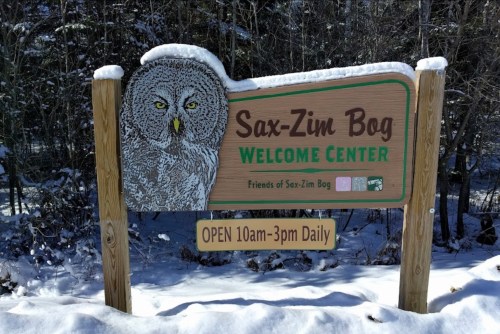 Sign for Sax-Zim Bog Welcome Center featuring an owl illustration, with hours listed as 10am-3pm daily, surrounded by snow.