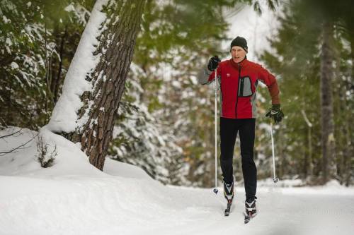 A person cross-country skiing on a snowy trail surrounded by trees.