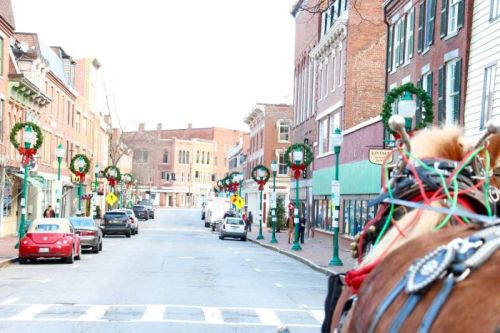A festive street lined with wreaths and decorated lampposts, viewed from the perspective of a horse-drawn carriage.