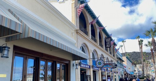A coastal street view featuring shops with awnings, flags, and palm trees under a partly cloudy sky.