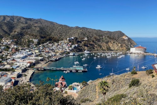 A scenic view of a coastal town with a marina, boats, and hills under a clear blue sky.