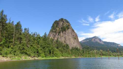 A scenic view of a rocky peak surrounded by lush greenery and a calm river under a clear blue sky.