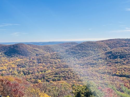 A panoramic view of rolling hills covered in vibrant autumn foliage under a clear blue sky.