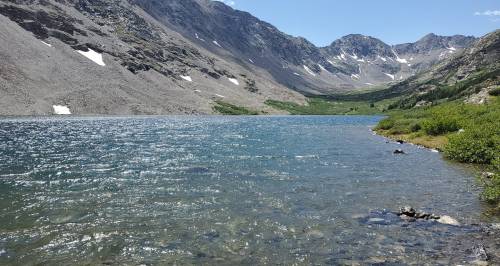A serene mountain lake surrounded by rocky slopes and lush greenery under a clear blue sky.