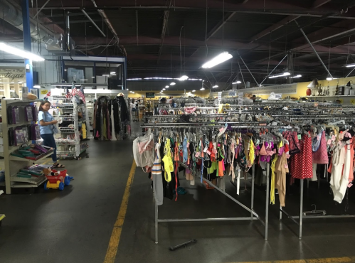 A spacious thrift store with clothing racks and a shopper browsing in the background. Brightly lit and organized.