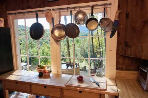 A kitchen window with hanging pots and pans, overlooking a scenic outdoor view with trees and a garden.