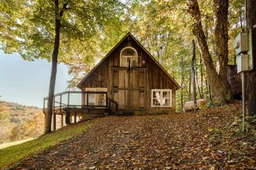 A rustic wooden cabin surrounded by trees, with a sloped roof and a deck, set in a colorful autumn landscape.