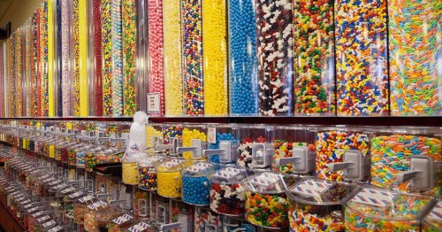 A wall of colorful candies in a massive candy store in Billings, Montana.