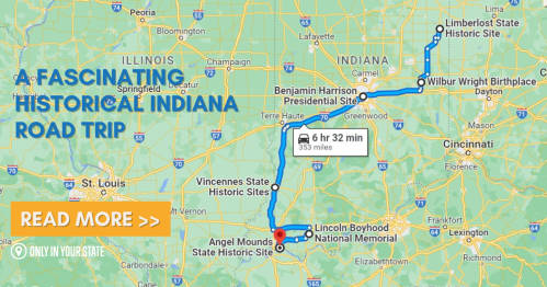 Map of a historical road trip in Indiana, highlighting key sites and travel time of 6 hours and 32 minutes.