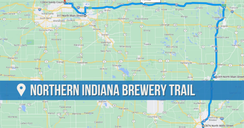 Map highlighting the Northern Indiana Brewery Trail with marked route and locations.
