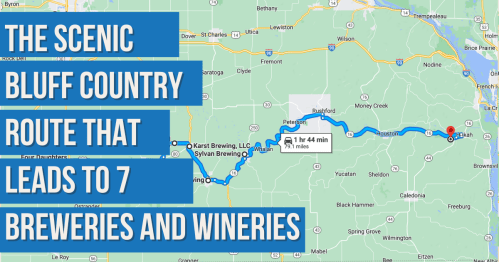 Map highlighting the Bluff Country route to 7 breweries and wineries, with travel time indicated.