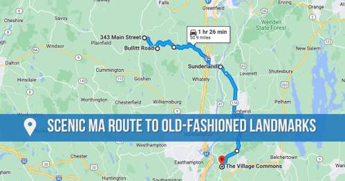 Map showing a scenic route in Massachusetts from 343 Main Street to The Village Commons, taking 1 hour 26 minutes.