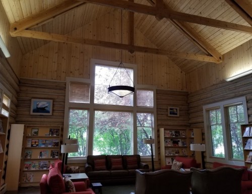Cozy library interior with wooden beams, large windows, and comfortable seating surrounded by bookshelves.