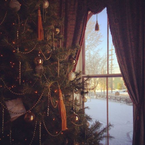 A decorated Christmas tree stands by a window, with snow visible outside and warm light glowing from the tree.