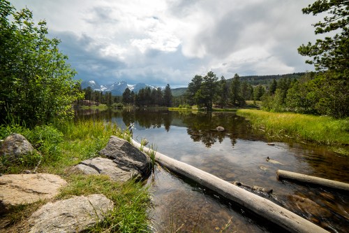 A serene lake surrounded by greenery and mountains, with a log and rocks in the foreground under a cloudy sky.
