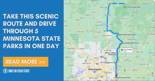 Map highlighting a scenic route through five Minnesota state parks, with a call to action to read more.