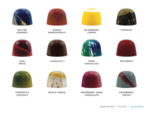 A grid of colorful chocolate truffles with various flavors labeled, including salted caramel and tiramisu.