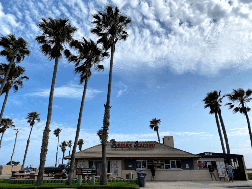 A seafood restaurant with palm trees and a blue sky in the background, located near the beach.