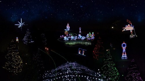 A festive display of colorful holiday lights, featuring trees, decorations, and whimsical figures against a starry night sky.
