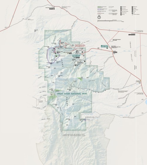 Map of Great Basin National Park, showing trails, points of interest, and park boundaries.