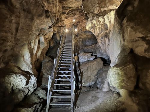 A wooden staircase leads up through a dimly lit cave, surrounded by rocky walls and illuminated by overhead lights.